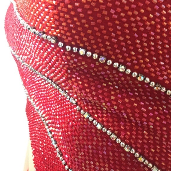 Two piece beaded red gown prom dress one shoulder - Picture 4 of 5